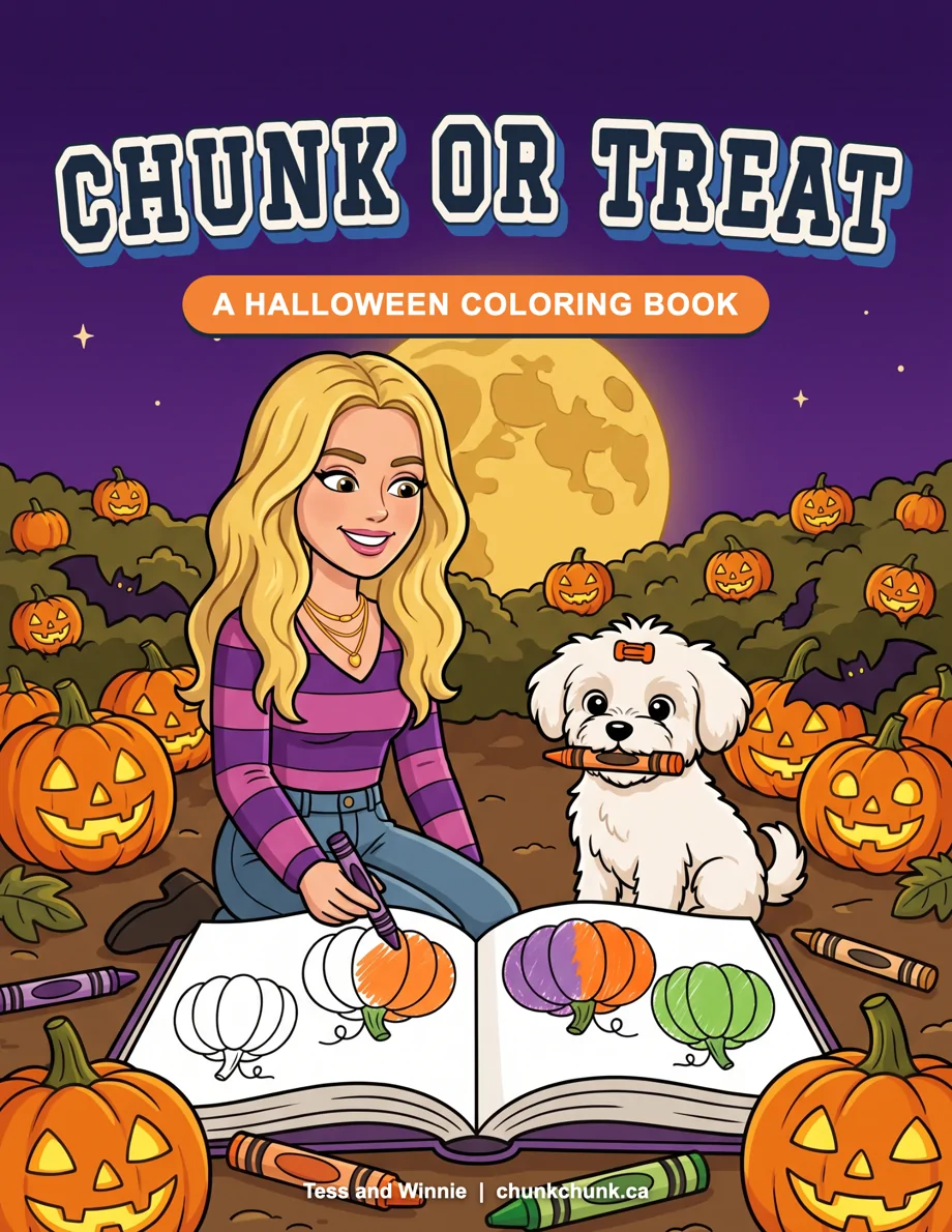 The Chunk or Treat cover: Tess coloring pumpkins in a pumpkin patch under a full moon, Winnie beside her with a crayon