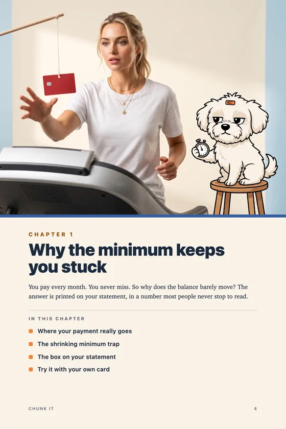 Chapter 1 opener: Tess on a treadmill chasing a credit card while Winnie times her