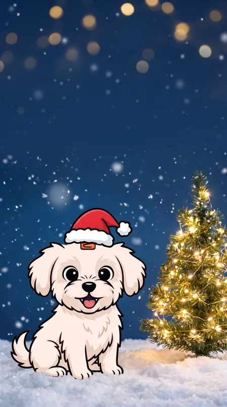 Winnie in her Santa hat by a little glowing tree in the snow