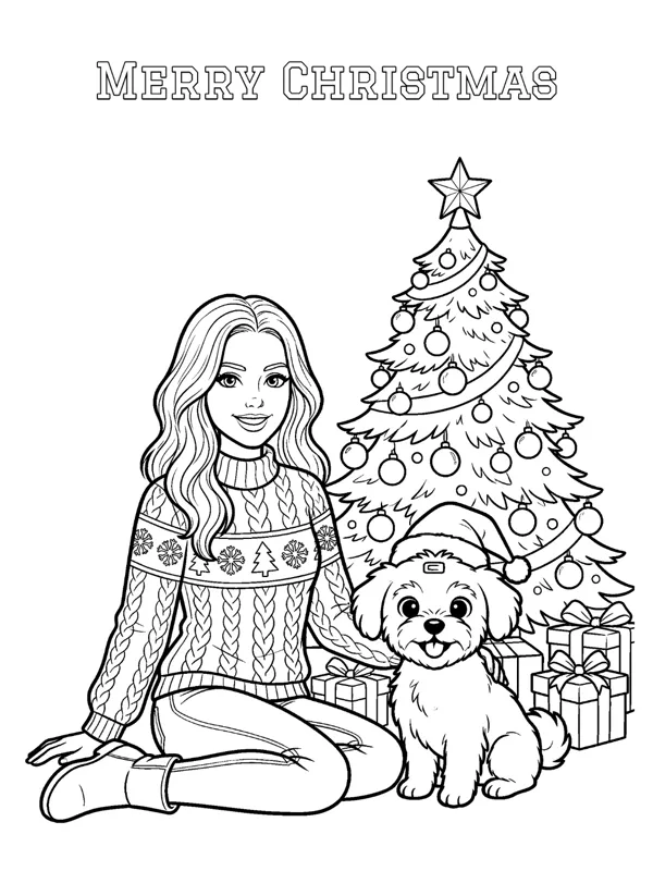 A Christmas coloring page card: Tess and Winnie by the tree, titled Merry Christmas
