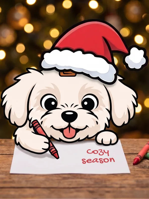 Winnie in a Santa hat writing Cozy season in crayon on her page