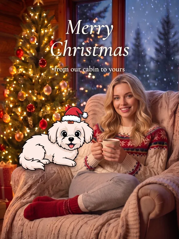 Tess smiling in a cream armchair with a mug of cocoa, Winnie in a Santa hat on the armrest, a snowy window behind: Merry Christmas from our cabin to yours