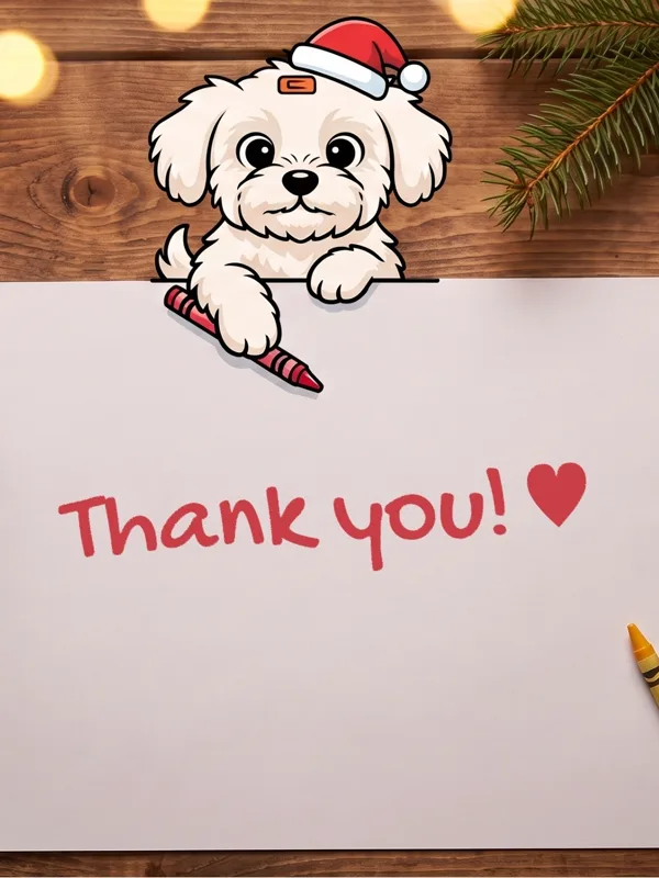 Winnie in a Santa hat peeking over a page that says Thank you in red crayon