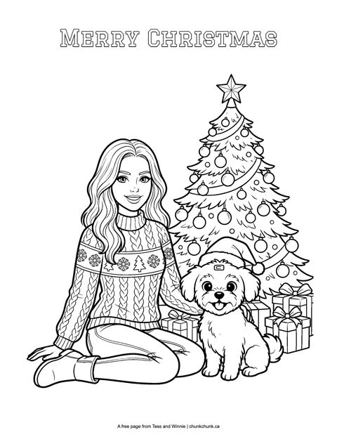 The free Christmas coloring page: Tess and Winnie by the tree, titled Merry Christmas